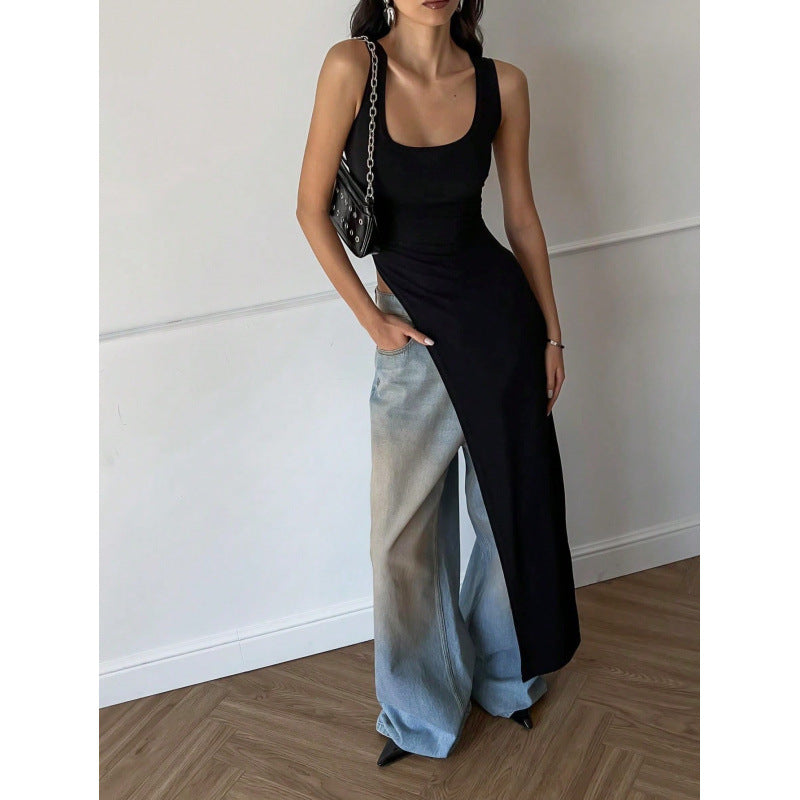 Damen Langarm-Umstands-Tunika mit asymmetrischem Schnitt und stylischen Denim-Elementen R&B