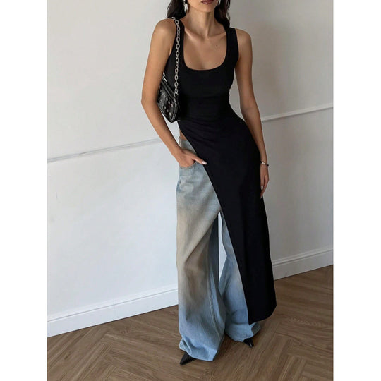 Damen Langarm-Umstands-Tunika mit asymmetrischem Schnitt und stylischen Denim-Elementen R&B