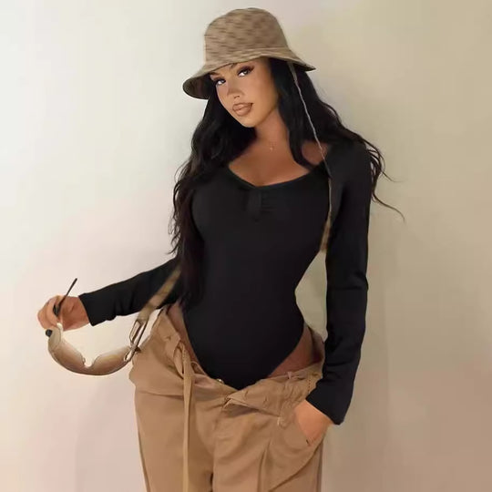 Damen Elegant geschnittener Langarm-Bodysuit mit Rüschendetails R&B