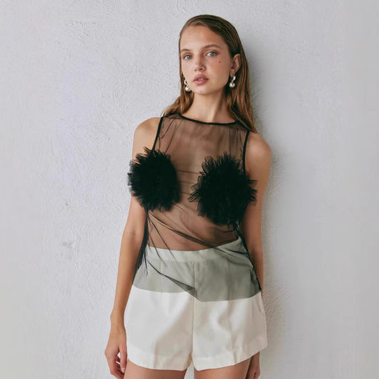 Damen Transparente Bluse mit voluminösen Rüschen R&B