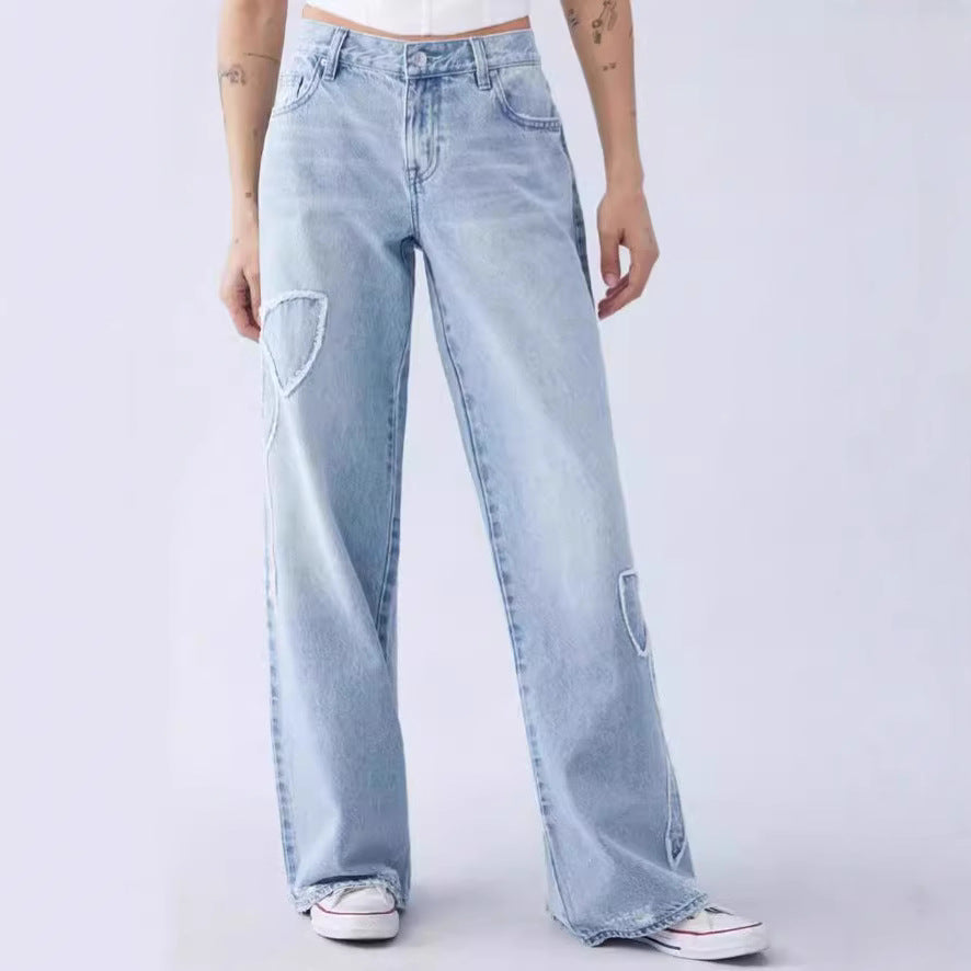 Damen weite High-Waist Denim-Jeans mit Distressed-Details R&B