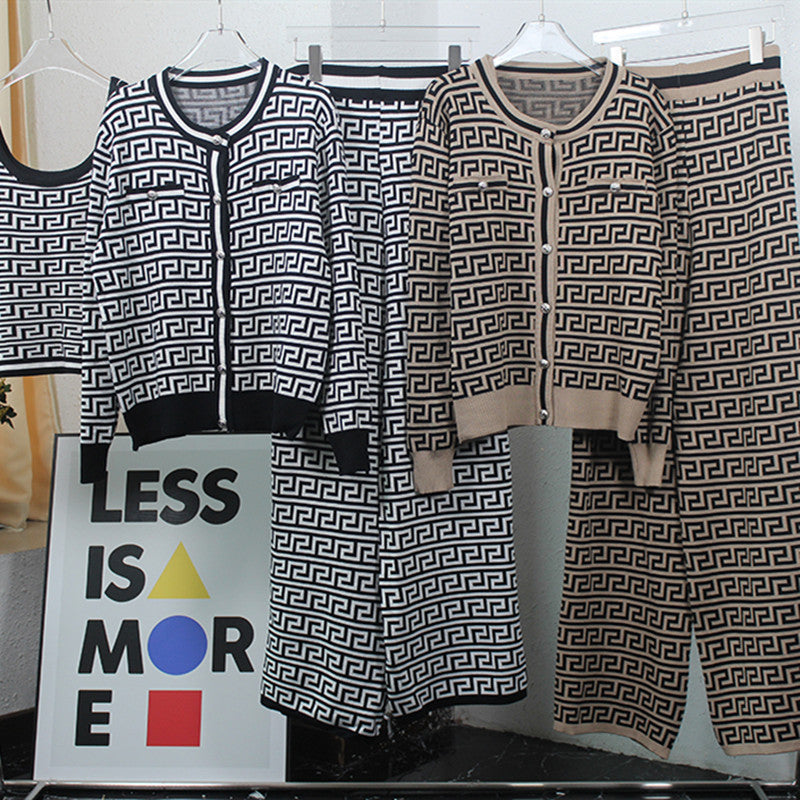 Damen modisches Strick-Loungewear-Set mit geometrischem Muster und schmalem Schnitt R&B