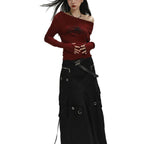 Damen Langarmshirt mit asymmetrischem Ausschnitt und grafischem Druck