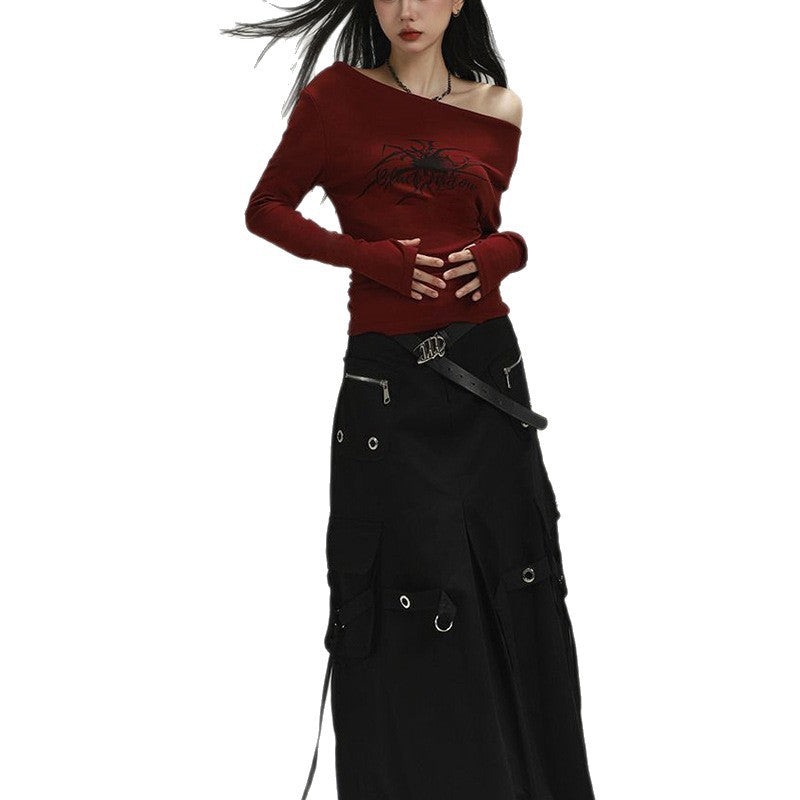 Damen Langarmshirt mit asymmetrischem Ausschnitt und grafischem Druck