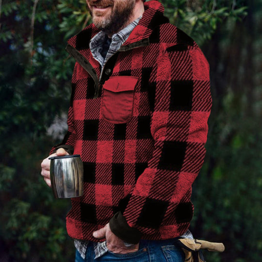 Herren Fleece-Pullover mit Karomuster und Hohem Kragen R&B