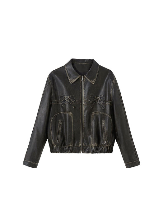 R&B | Bowknot Zip Up Lederjacke