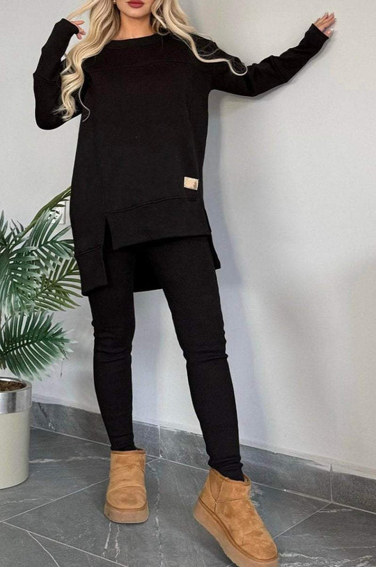 Damen Lässiges Langarm Sweatshirt-Set mit asymmetrischem Schnitt und praktischen Taschen R&B