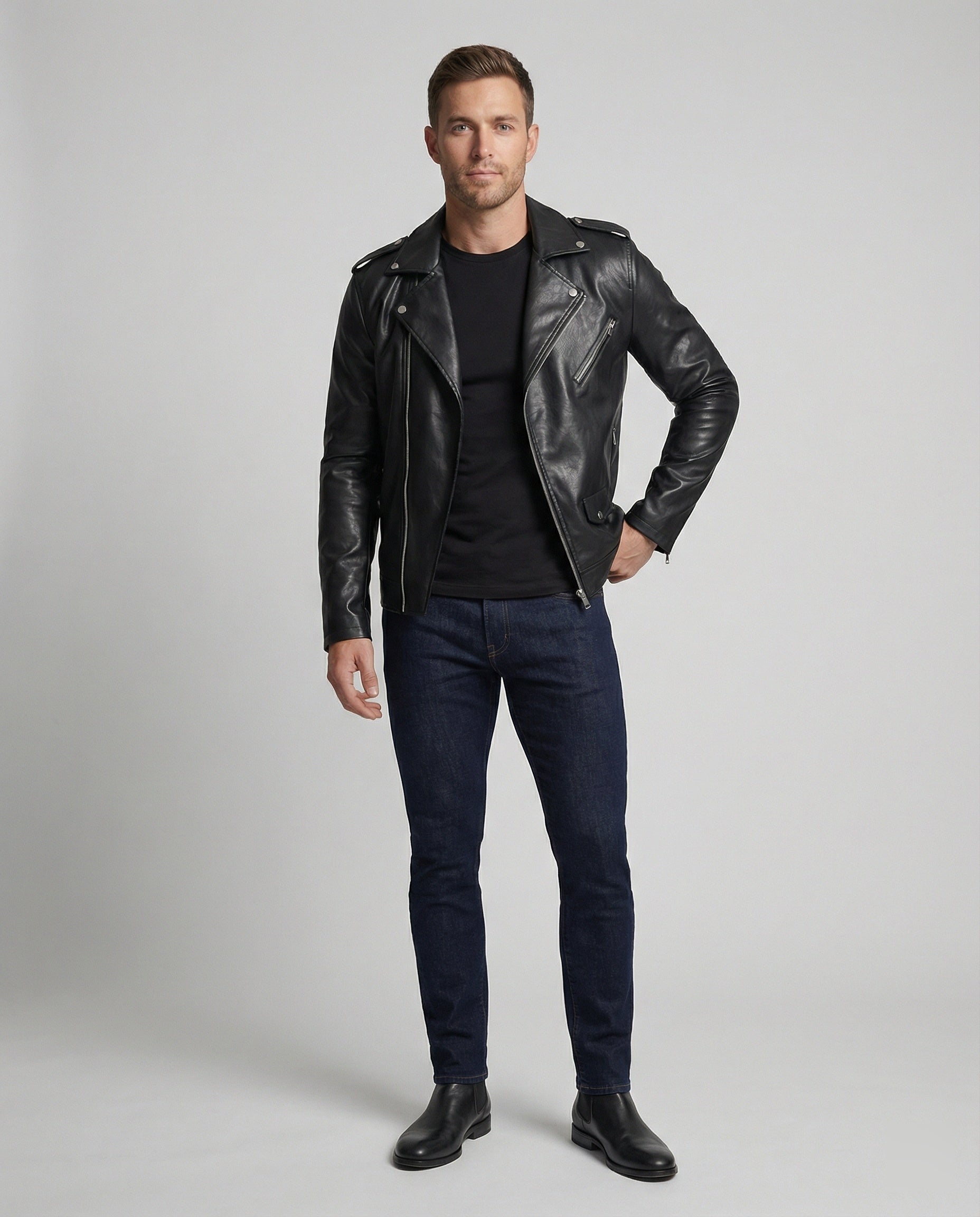 Herren Motorradjacke aus Leder mit asymmetrischem Zip R&B