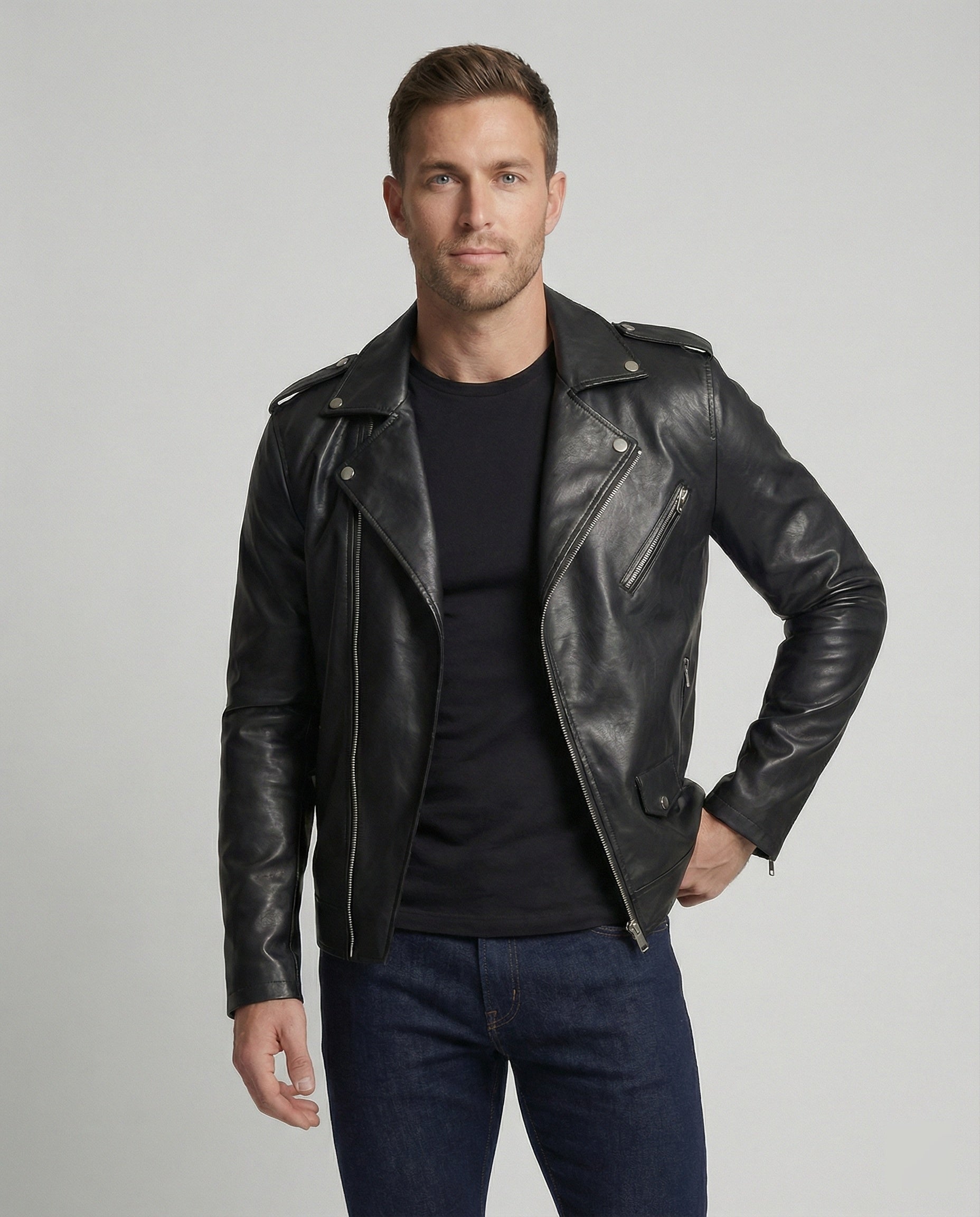 Herren Motorradjacke aus Leder mit asymmetrischem Zip R&B