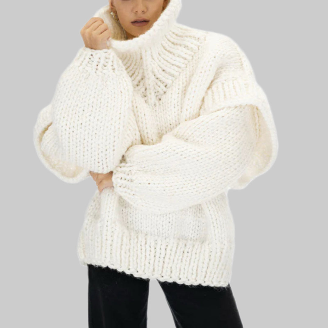Damen Lockerer Strickpullover mit voluminösen Ärmeln und hohem Kragen R&B
