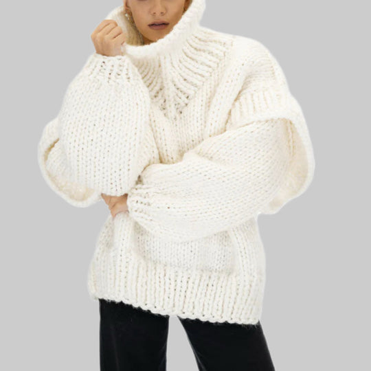 Damen Lockerer Strickpullover mit voluminösen Ärmeln und hohem Kragen R&B