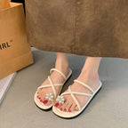 Damen Sandalen mit eleganten Blumendekoren und kunstvollen Kreuzriemen EB