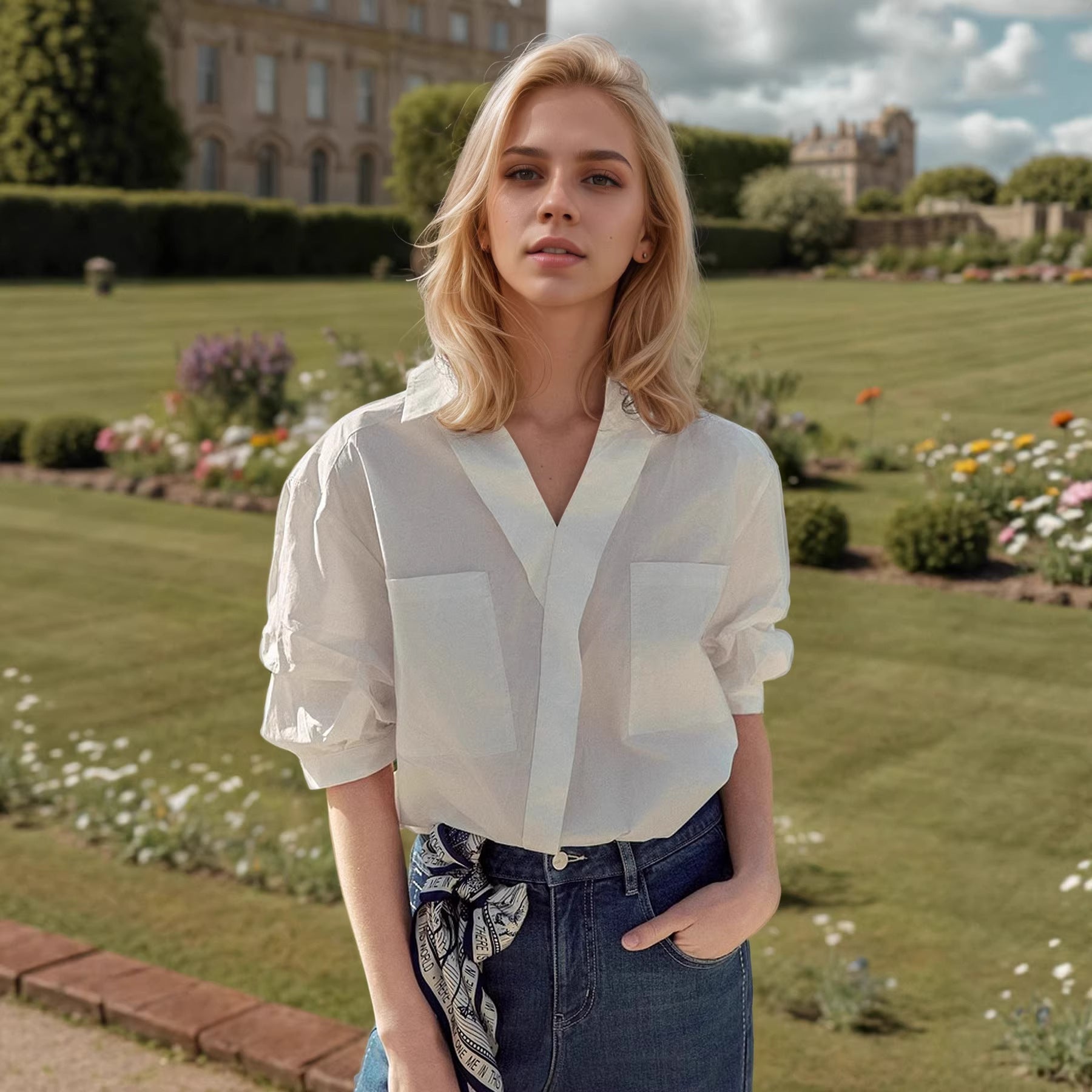 Damen Elegante Oversized Bluse aus hochwertigem Baumwollmix mit verdeckter Knopfleiste R&B