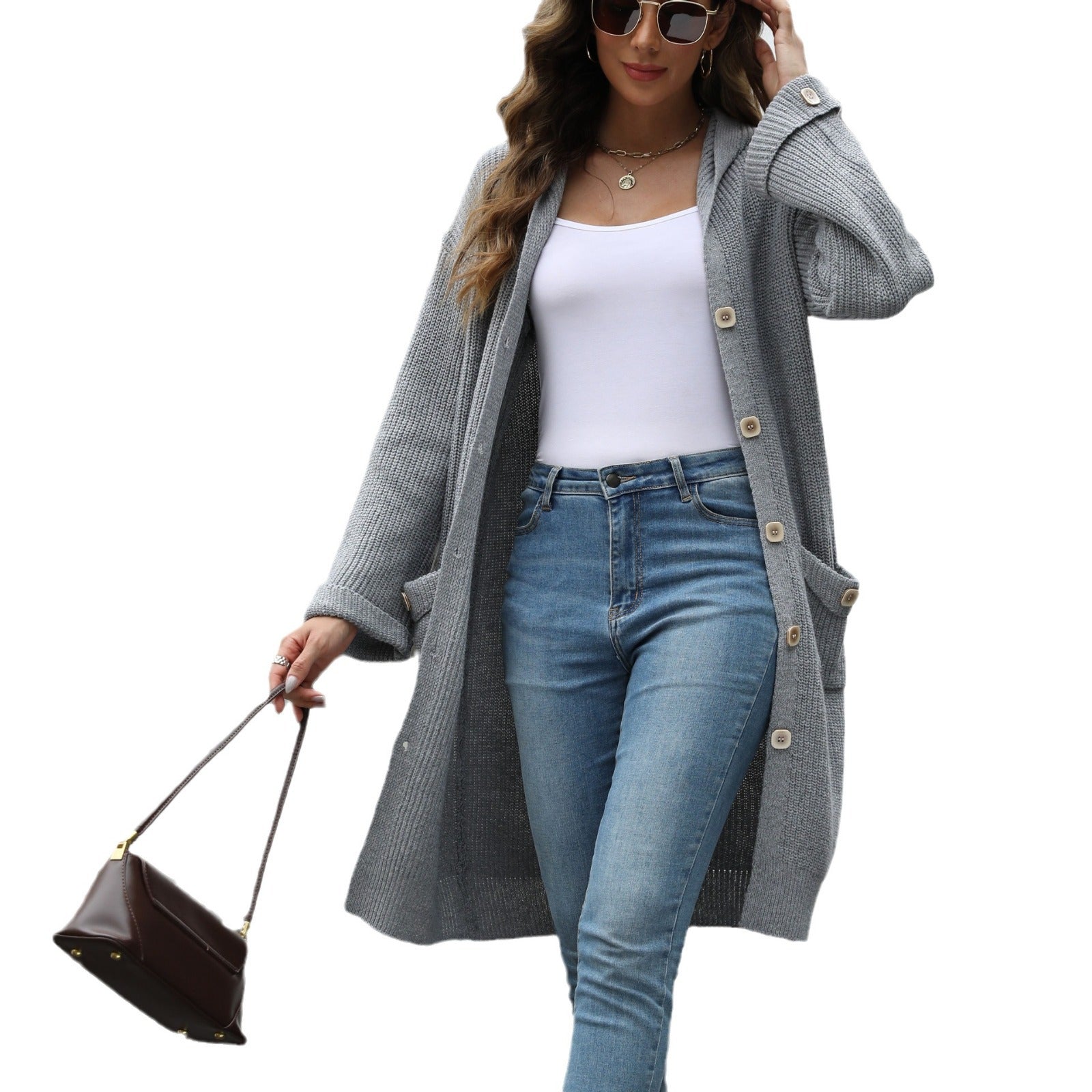 Damen Grobstrick-CARDIGAN mit praktischen Knopfdetails und weiten Ärmeln R&B