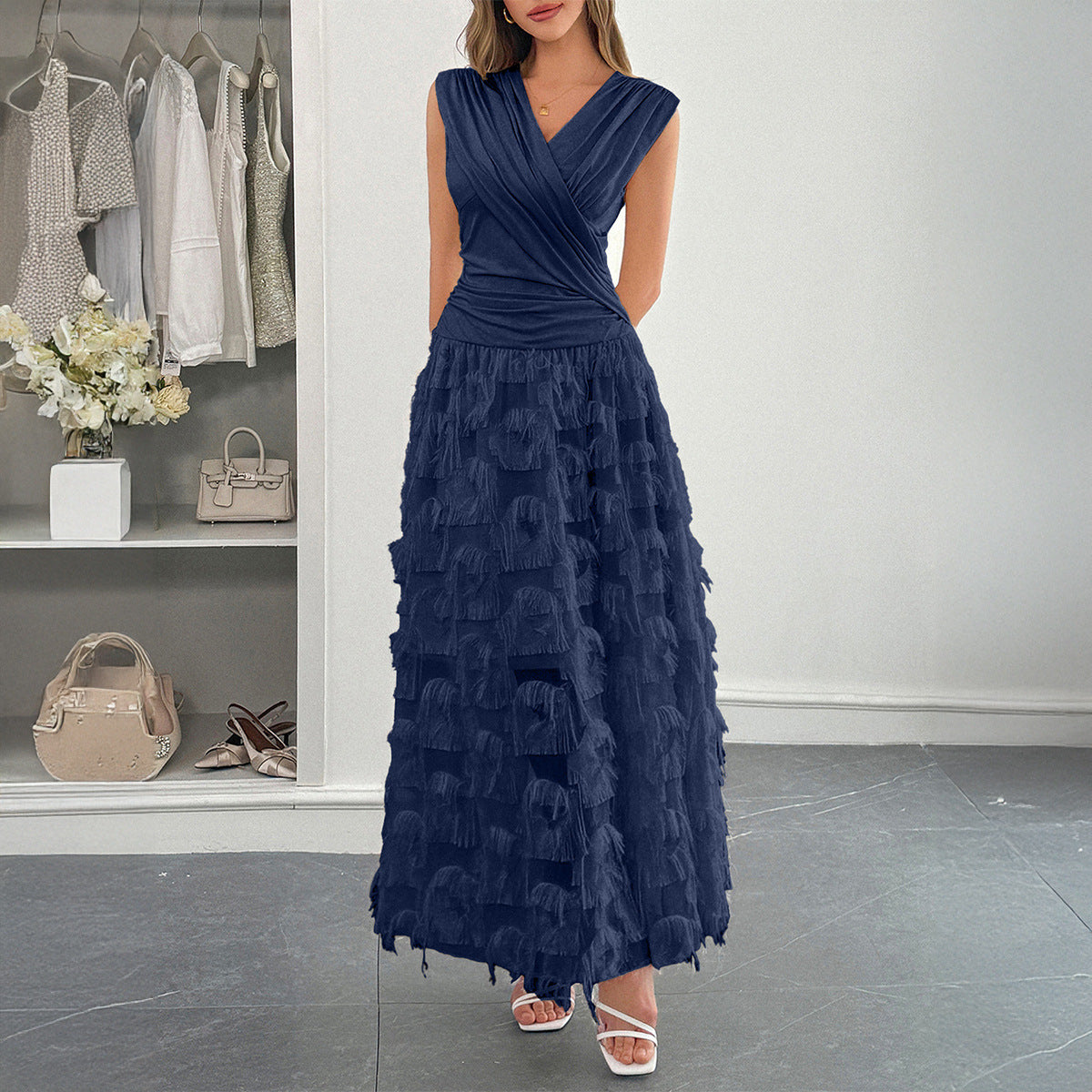 Damen Maxi-Faltenkleid mit Fransen R&B
