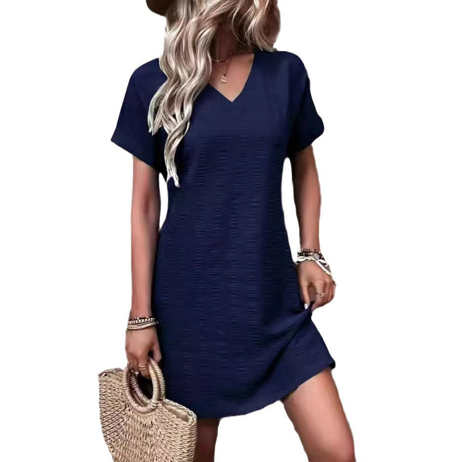 Damen V-ausschnitt Freizeitleinenkleid mit kurzen Ärmeln R&B