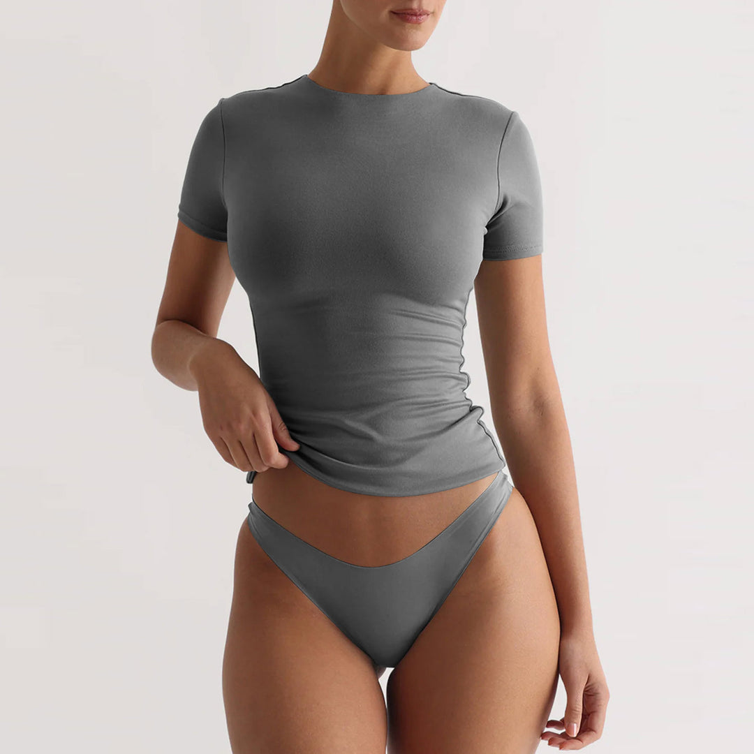 Damen figurbetontes T-Shirt mit Rundhalsausschnitt und kurzem Arm R&B