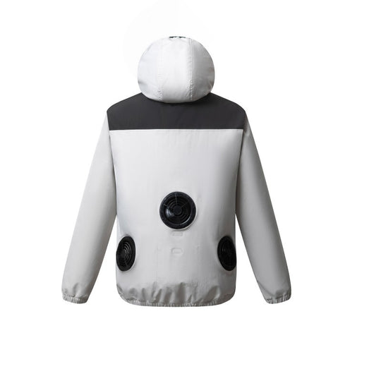 Herren nan belüftete Kühljacke mit mehreren integrierten USB-Lüftern, verstellbarer Kapuze und winddichtem Material R&B