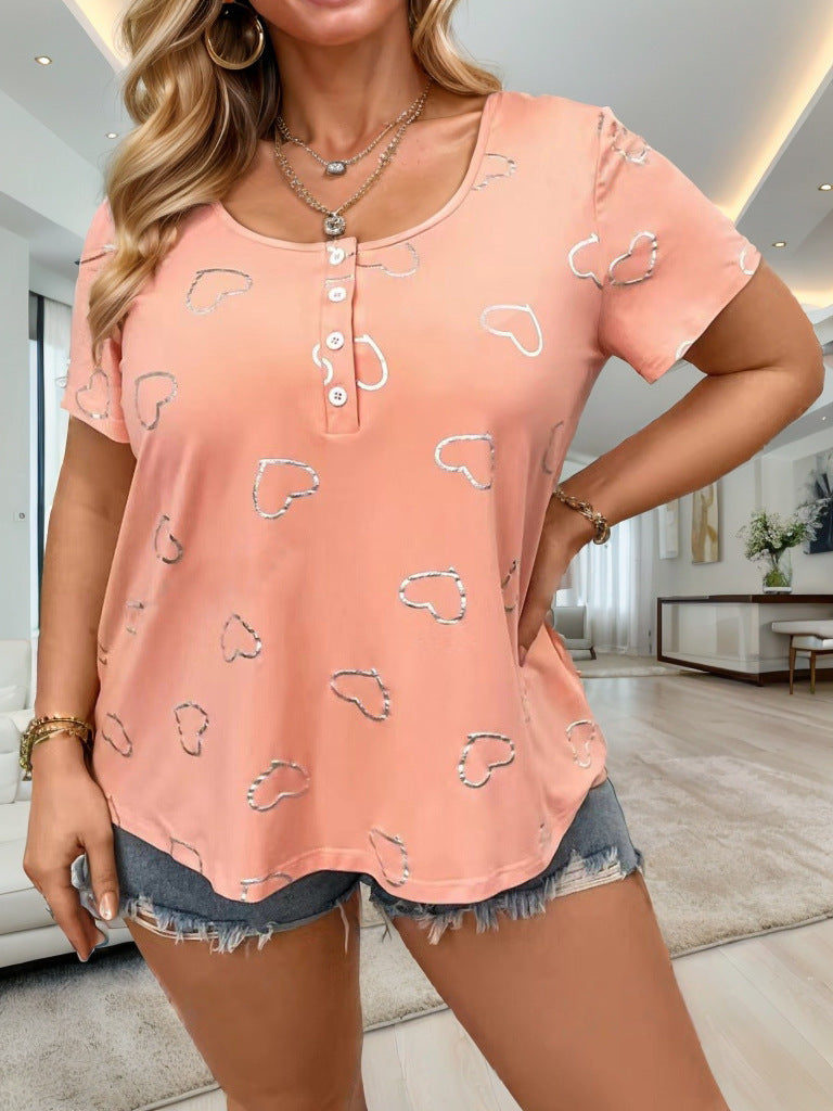 Damen lässiges T-Shirt mit romantischem Herzdesign und Knopfleiste R&B