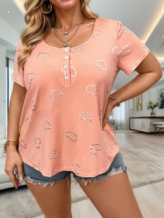 Damen lässiges T-Shirt mit romantischem Herzdesign und Knopfleiste R&B