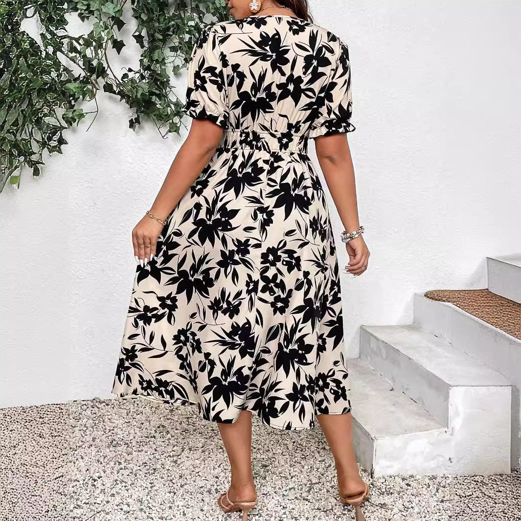 Damen Maxikleid mit V-Ausschnitt und elastischem Taillenbund R&B