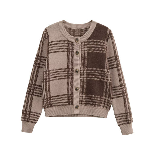 Damen Karierte Strickjacke mit Knopfleiste und Rundhalsausschnitt R&B