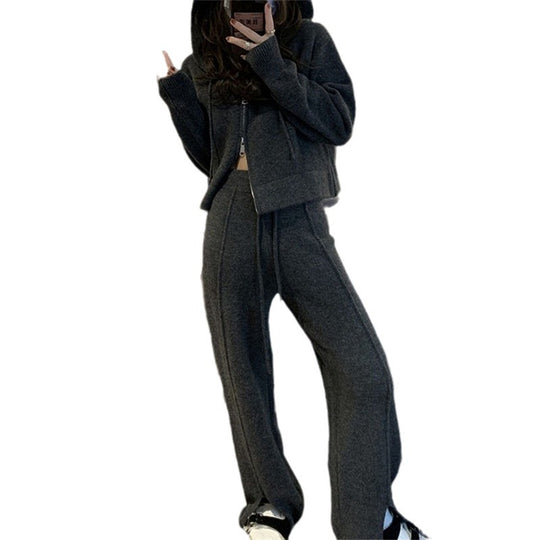 Damen lässiges Freizeit-Ensemble mit Kapuzenoberteil und weitem Bein R&B