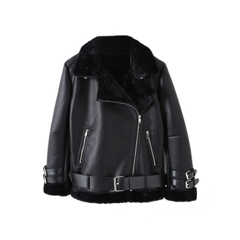 Damen Kunstlederjacke mit abnehmbarem Fellkragen und verstellbarem Gürtel R&B
