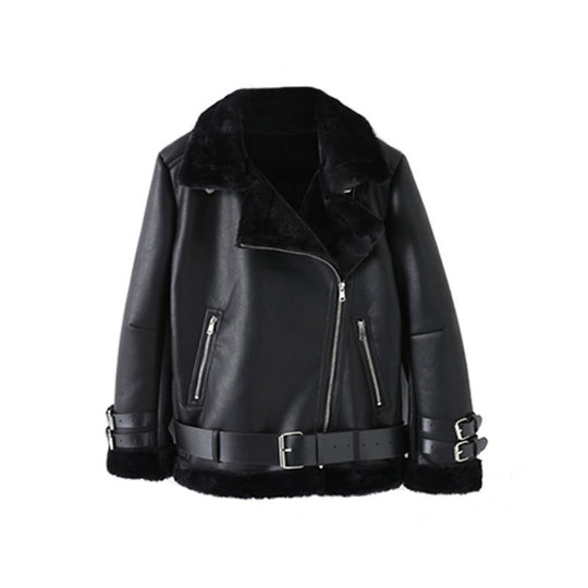 Damen Kunstlederjacke mit abnehmbarem Fellkragen und verstellbarem Gürtel R&B
