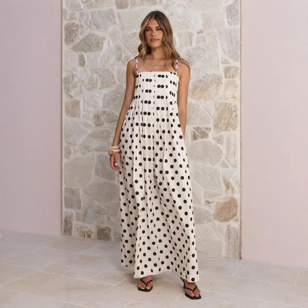 Damen Maxikleid mit verspieltem Punkte-Muster und schulterfreien Trägern R&B