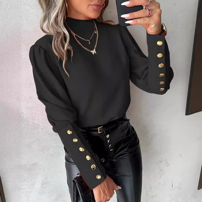Damen elegante Bluse mit Puffärmeln und goldenen Knopfdetails R&B