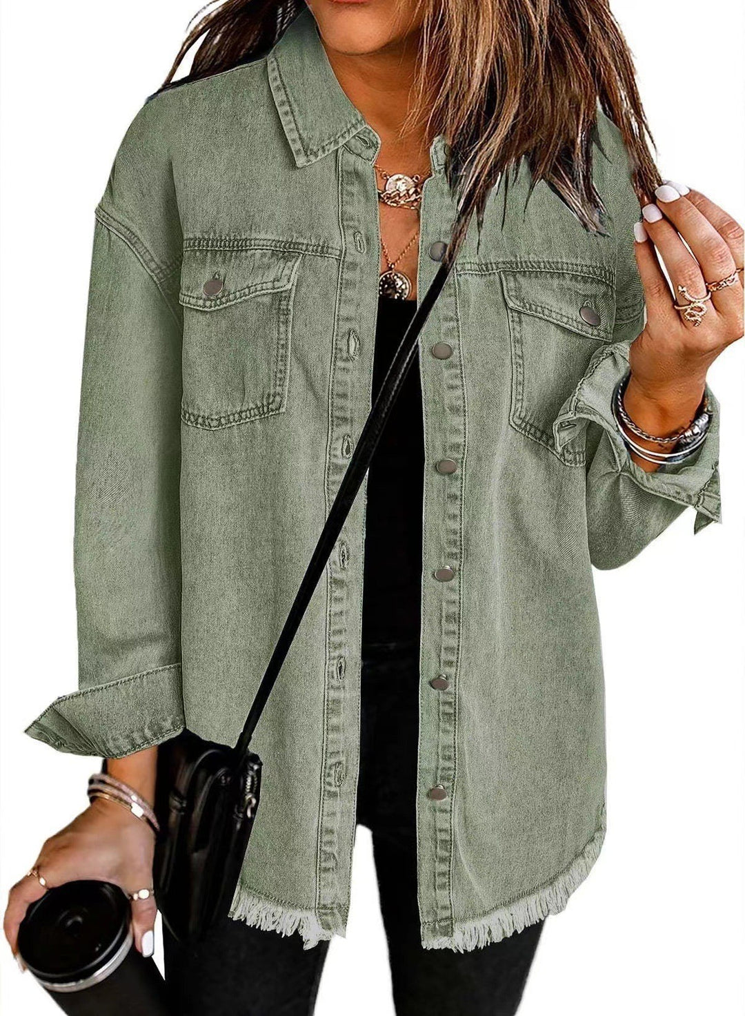Damen Denim Overshirt mit fransigem Saum und Brusttaschen R&B