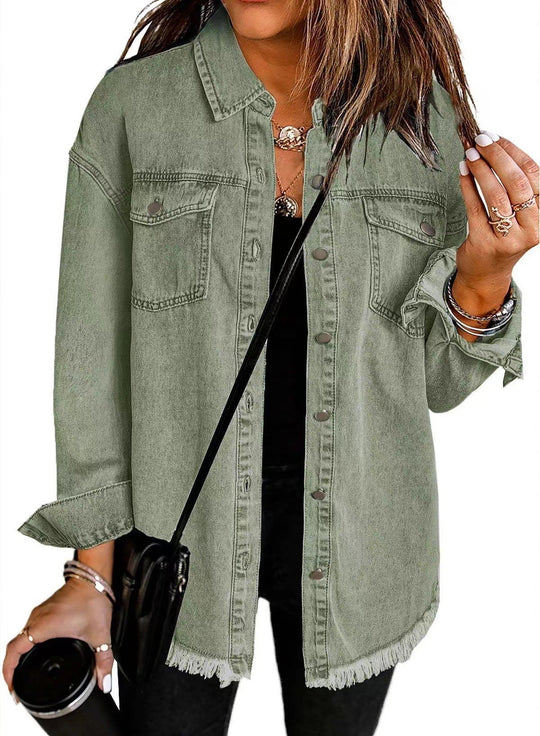 Damen Denim Overshirt mit fransigem Saum und Brusttaschen R&B