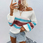 Damen lässiger Strickpullover mit weitem Ausschnitt und einzigartigem Streifenmuster