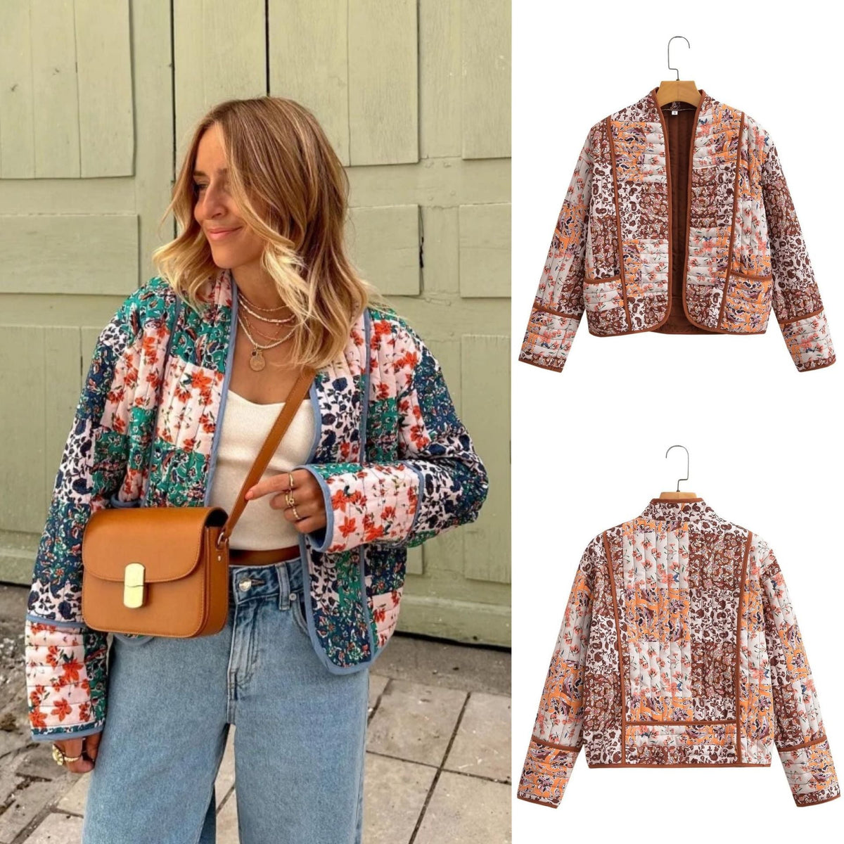 Damen nan gesteppte Patchwork Kimono-Jacke mit aufgesetzten Taschen R&B