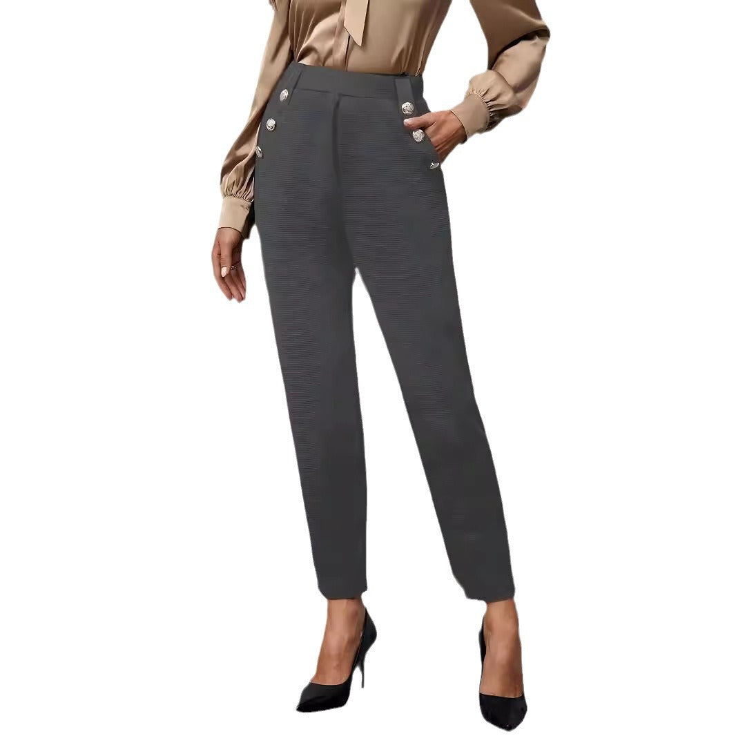 Damen elegante Anzughose mit doppeltem Knopfverschluss und schmalem Bein R&B