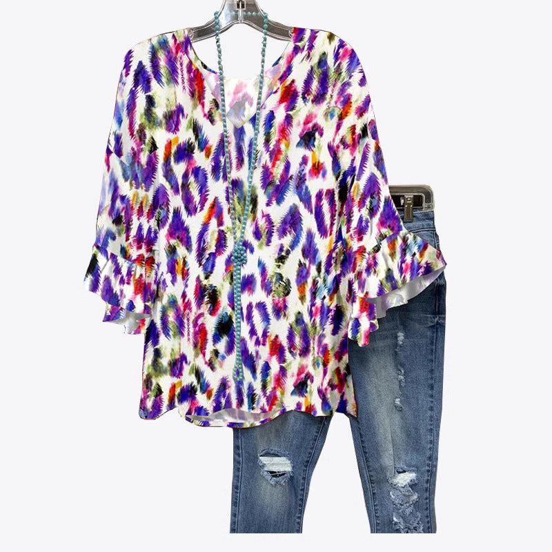 Damen Bluse mit voluminösen Ärmeln und farbenfrohem Muster R&B