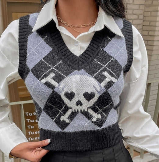 Damen Strickweste mit kreativem Totenkopf-Muster R&B
