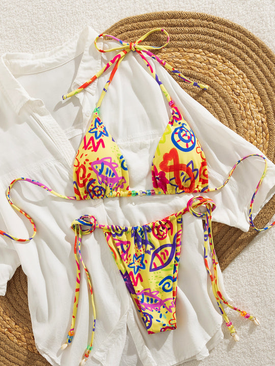 Damen Triangel-Bikini mit buntem Muster und verstellbaren Bindebänder R&B