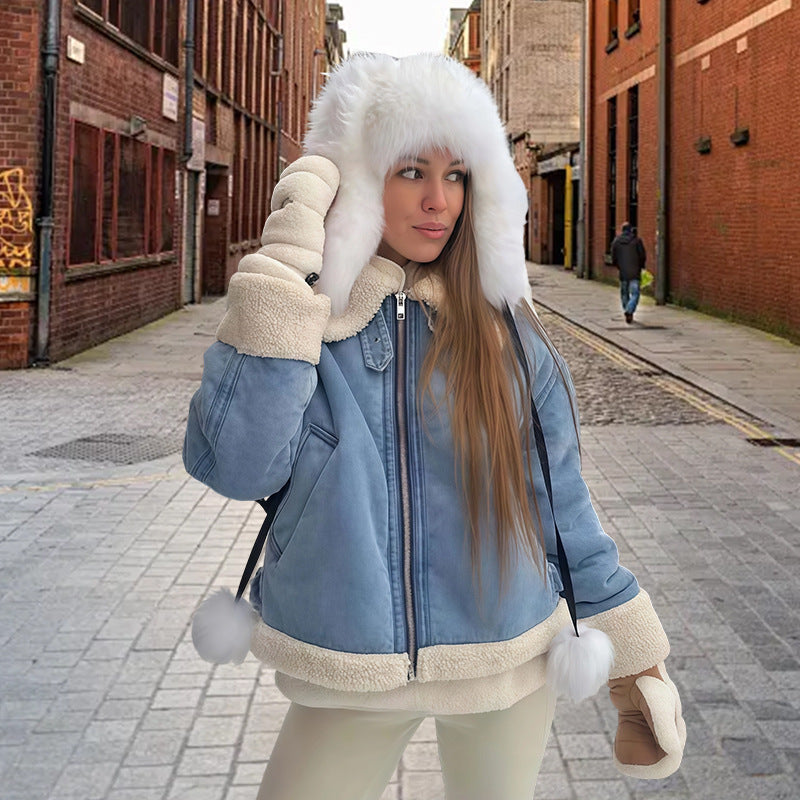 Damen modische Denimjacke mit Fellkragen und oversized Schnitt R&B