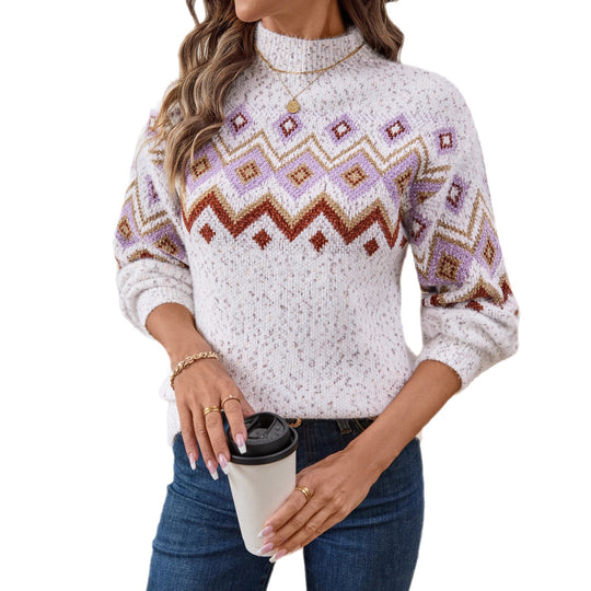 Damen Strickpullover mit modischem Muster und hohem Kragen R&B