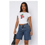 Damen Kurzarm Crop-Top mit fruchtigem Motiv und figurbetontem Schnitt R&B
