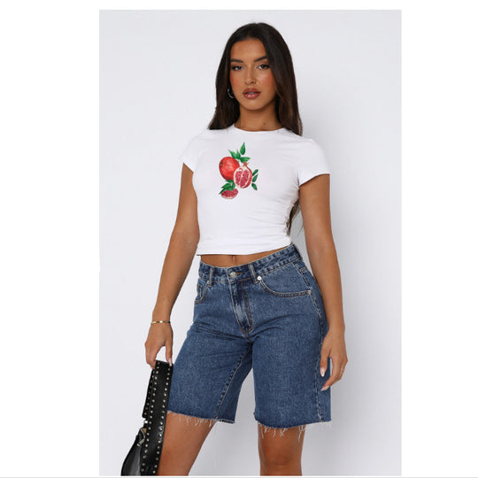 Damen Kurzarm Crop-Top mit fruchtigem Motiv und figurbetontem Schnitt R&B