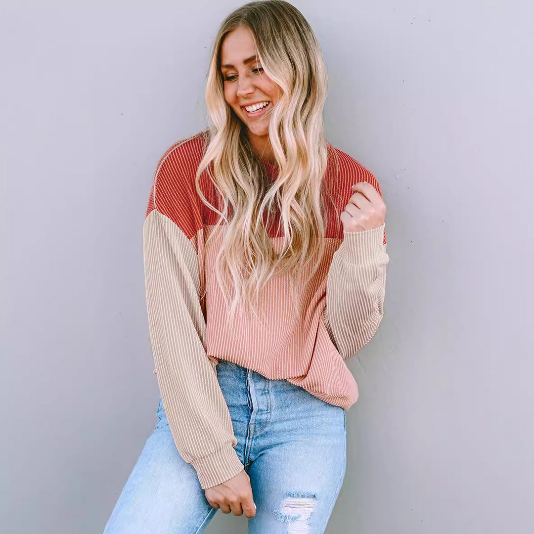Damen lässiger Pullover mit Rippstruktur und Farbblöcken R&B