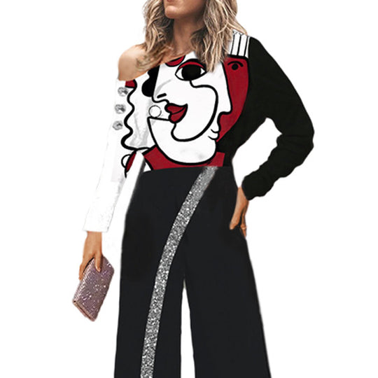 Damen Einseitiger Jumpsuit mit Glanzstreifen und grafischem Kunstwerk R&B