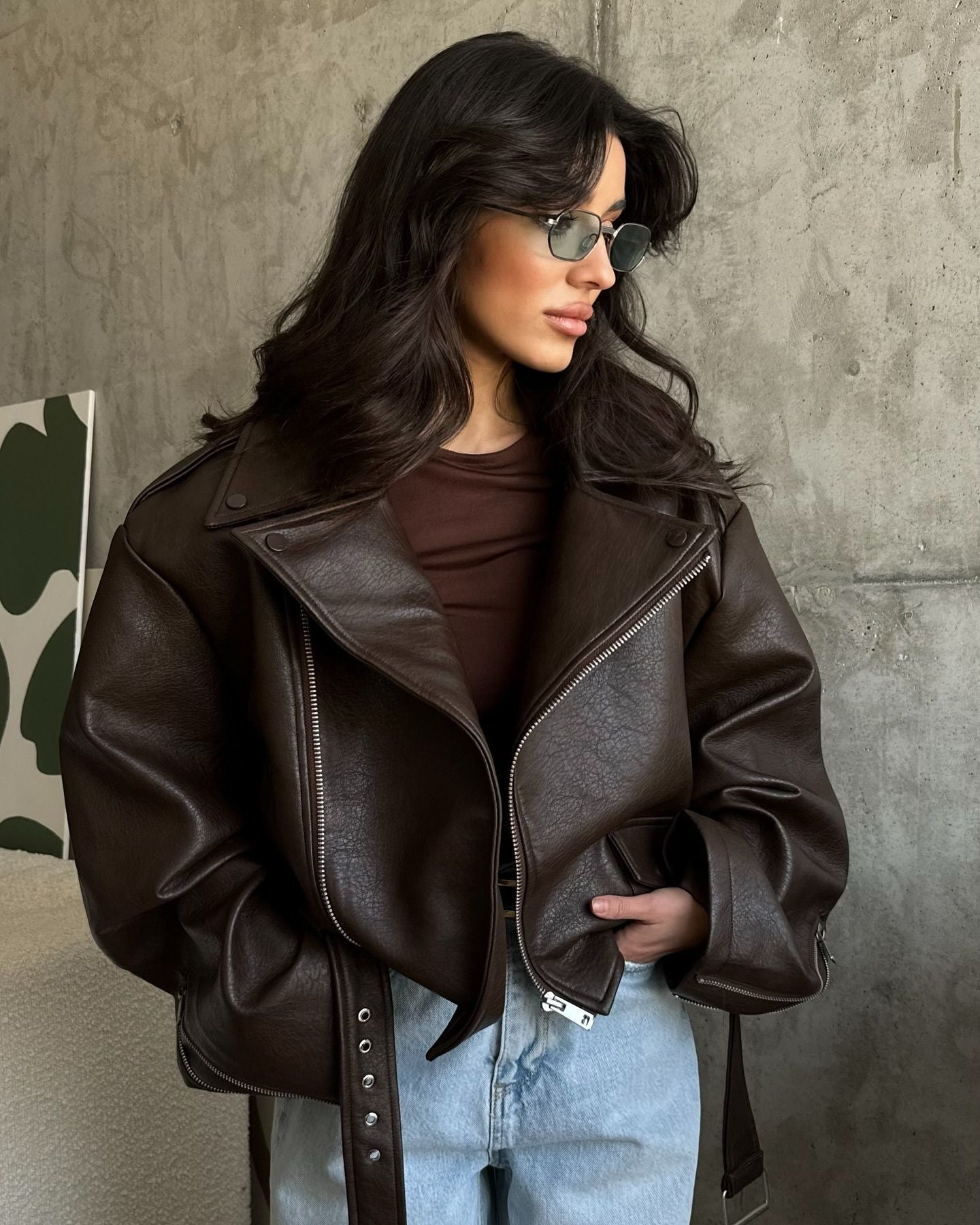 Damen Übergröße Kunstlederjacke im lässigen Stil R&B