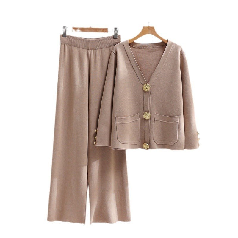 Damen elegantes Strick-Loungewear-Set mit weiten Bein und schönen Knöpfen R&B
