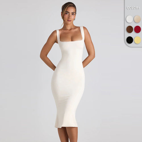 Damen figurbetontes Midikleid mit quadratischem Ausschnitt und Spitzenakzenten R&B