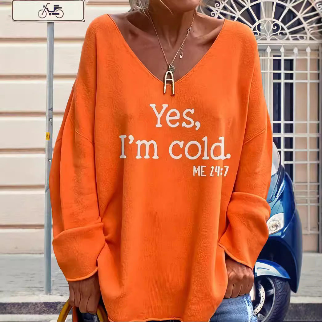 Damen Oversized Pullover mit modernem V-Ausschnitt und aufgedrucktem Statement R&B