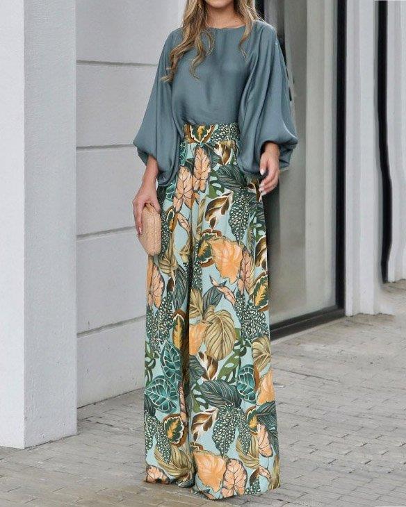 Damen Elegantes Oberteil mit weitem, blumenmusterdefiniertem Hosenensemble R&B